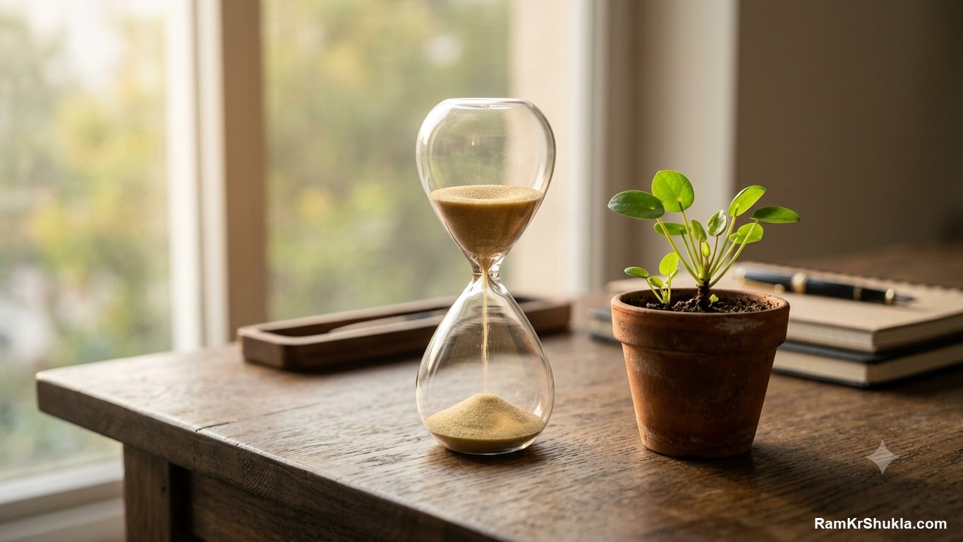 An hourglass beside a growing plant, the honest SEO timeline