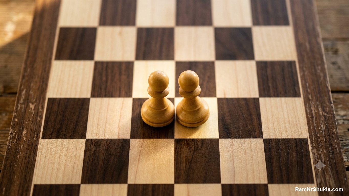 Two identical chess pawns facing each other on one square, two pages competing for one keyword