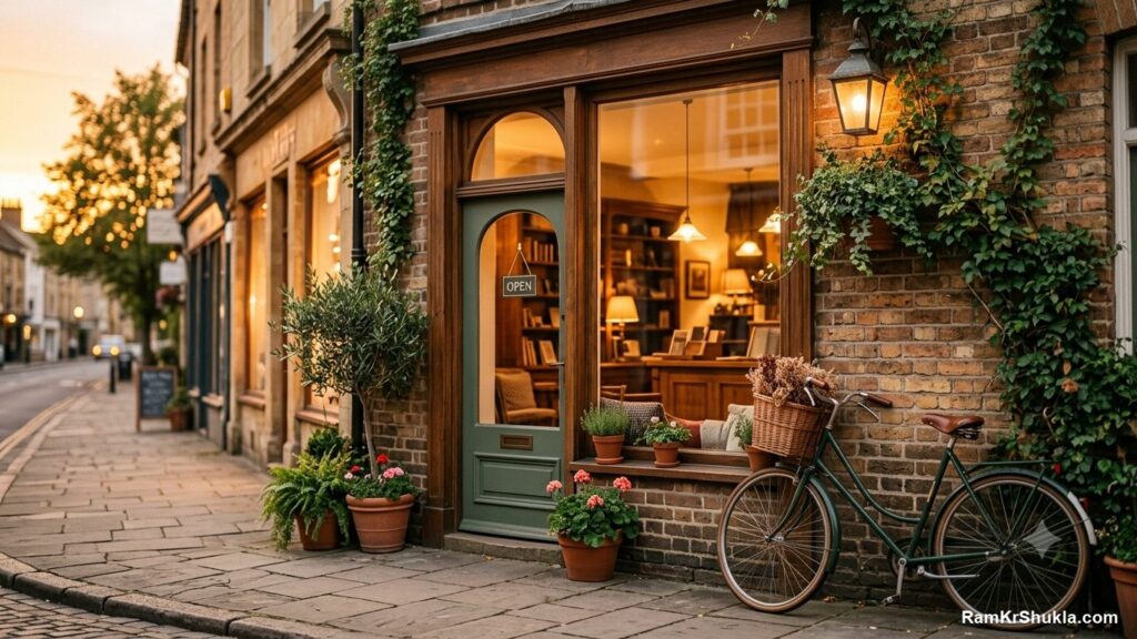 A welcoming local service business storefront at dusk