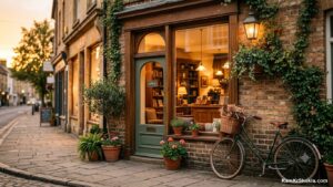 A welcoming local service business storefront at dusk