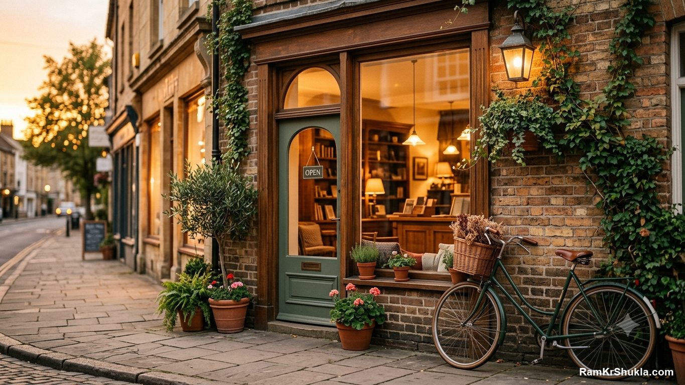 A welcoming local service business storefront at dusk