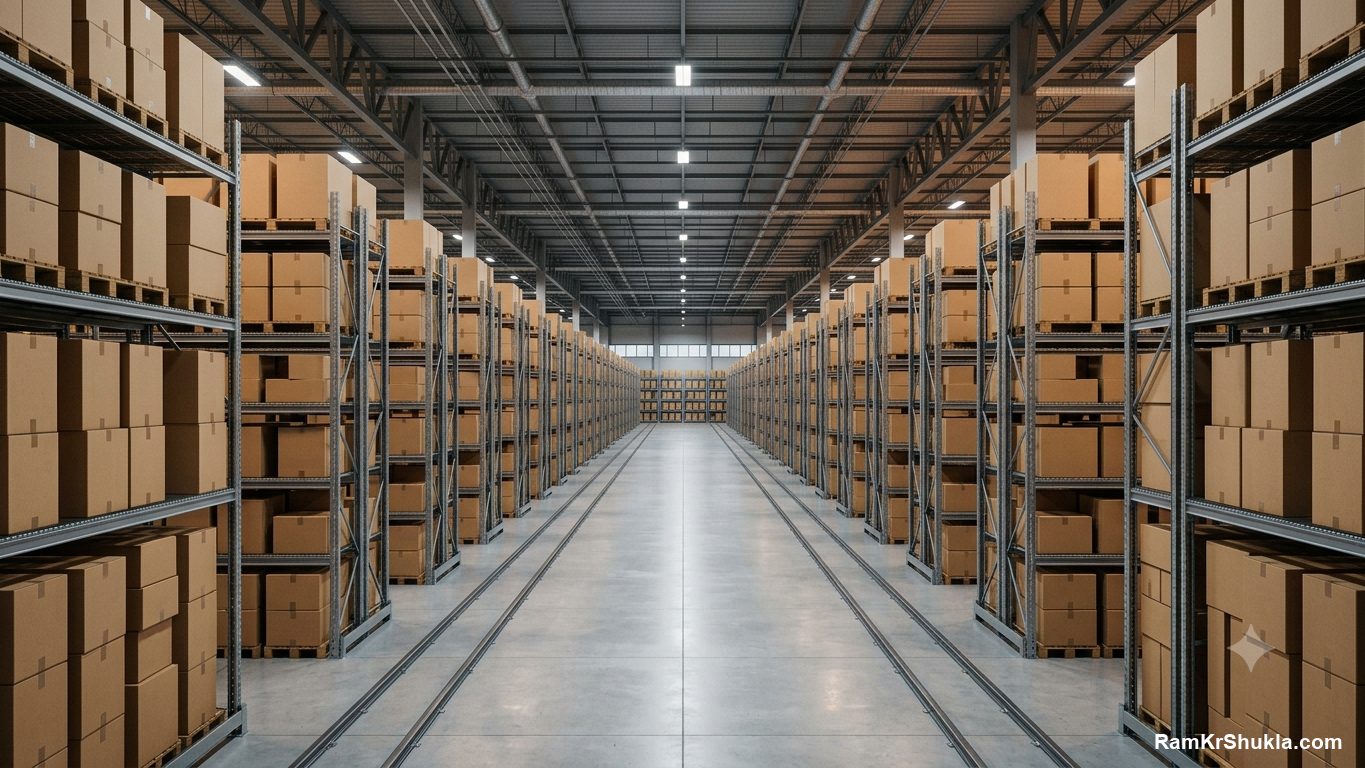 A vast fulfilment warehouse of stacked boxes, the scale of a marketplace catalogue