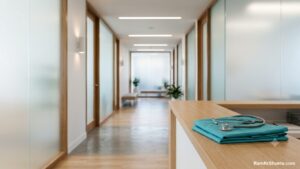 A modern medical clinic corridor with folded scrubs and a stethoscope on the front desk