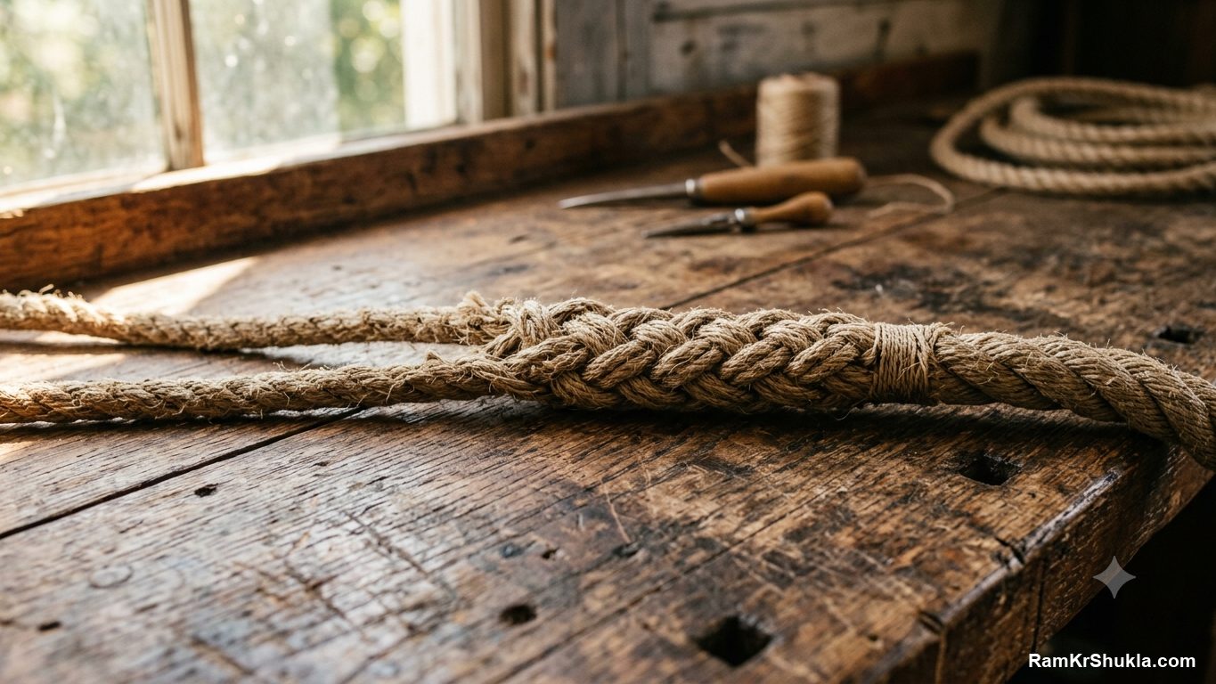 Two ropes spliced into one stronger rope on a workbench, merging competing pages into one page