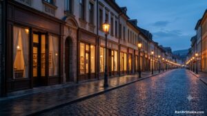 A street of similar storefronts at blue hour, one business with many branches