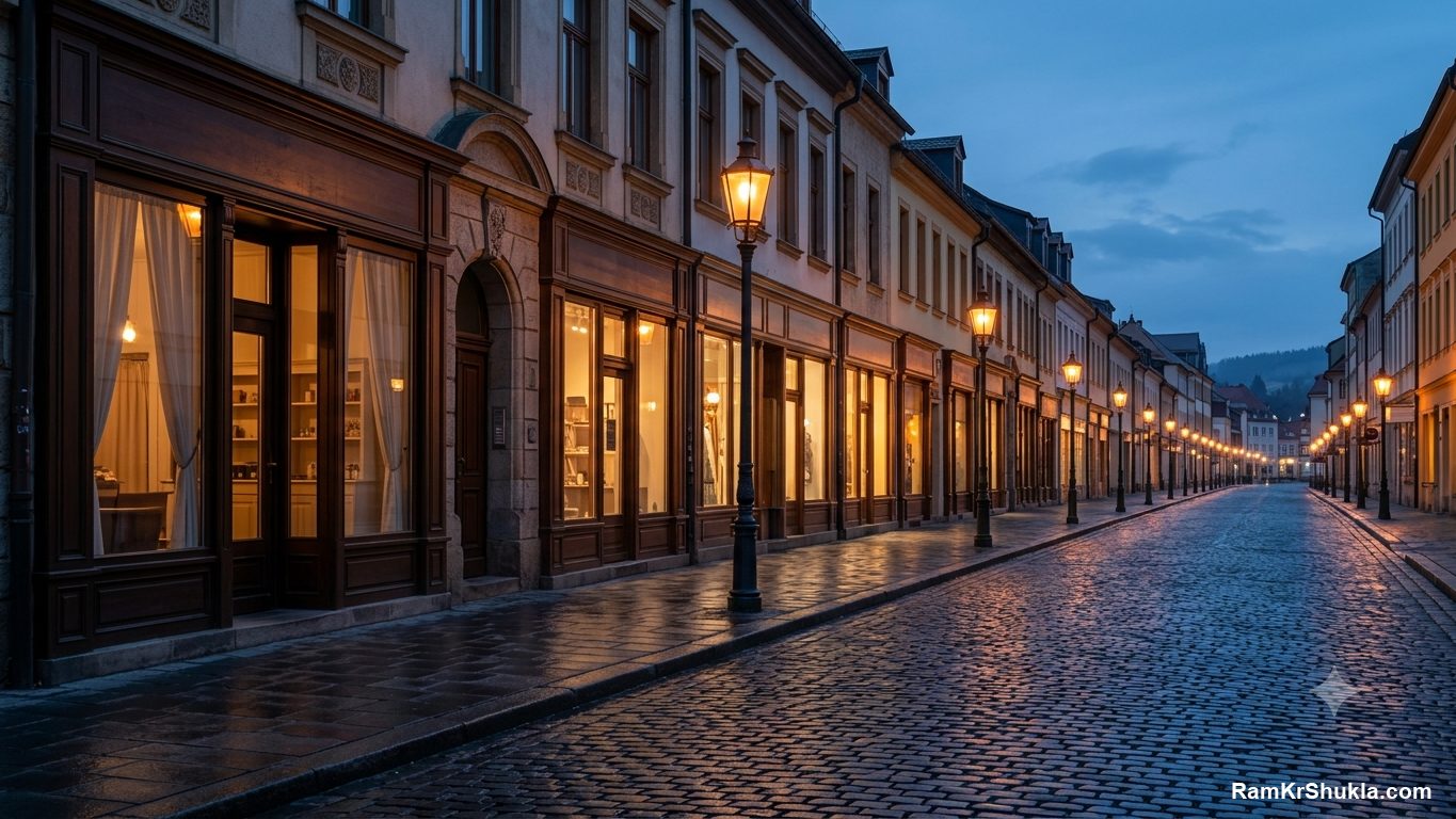 A street of similar storefronts at blue hour, one business with many branches