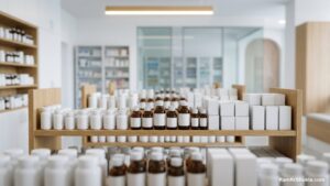 Neatly organised pharmacy shelves with unlabeled medicine bottles and boxes