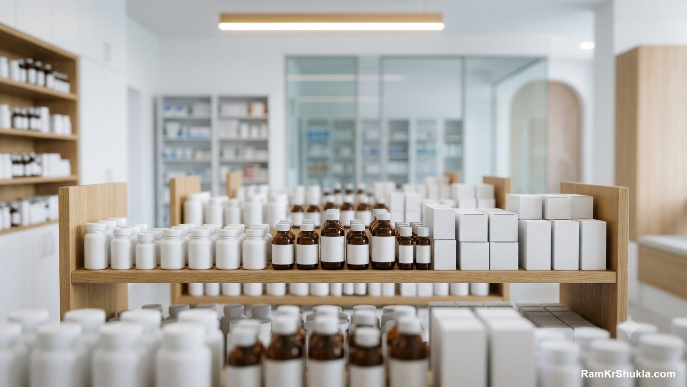 Neatly organised pharmacy shelves with unlabeled medicine bottles and boxes