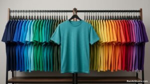 A rack of identical garments in a precise gradient of colours, one highlighted