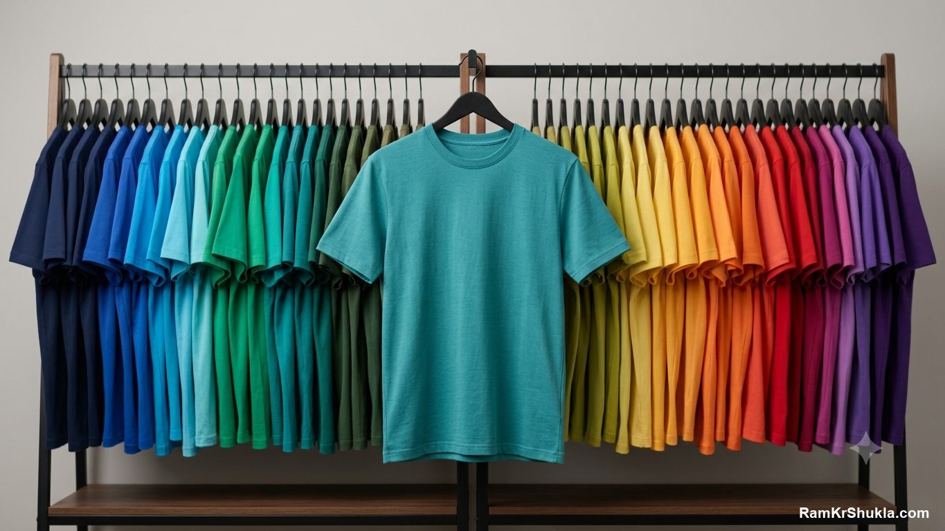 A rack of identical garments in a precise gradient of colours, one highlighted