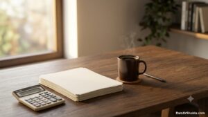 Invoice papers, a calculator and coffee on a desk, working out an SEO budget