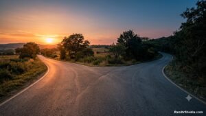 A road forking in two directions at sunset, choosing between SEO and ads