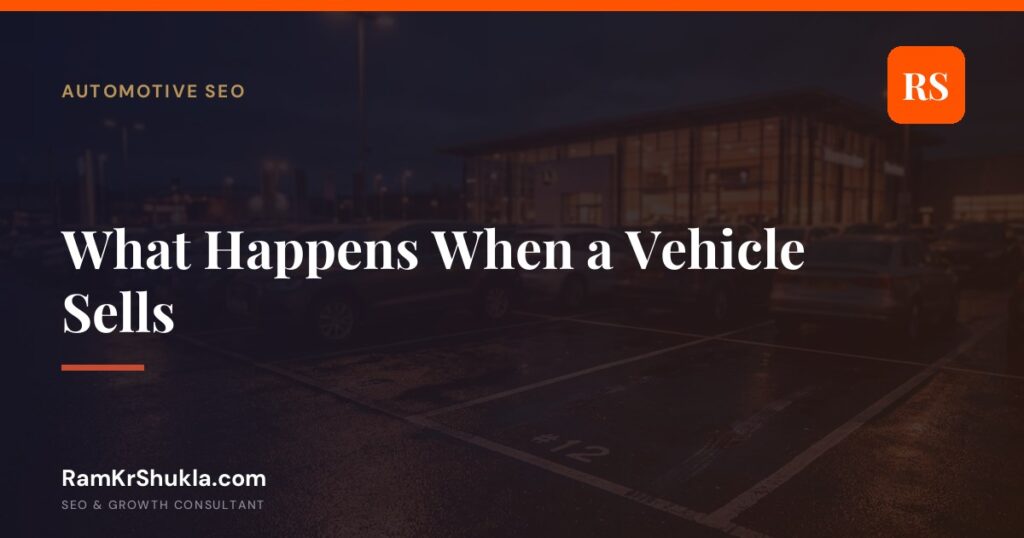 Empty marked parking bay on a wet dealership forecourt at dusk, illustrating a sold vehicle listing page left behind