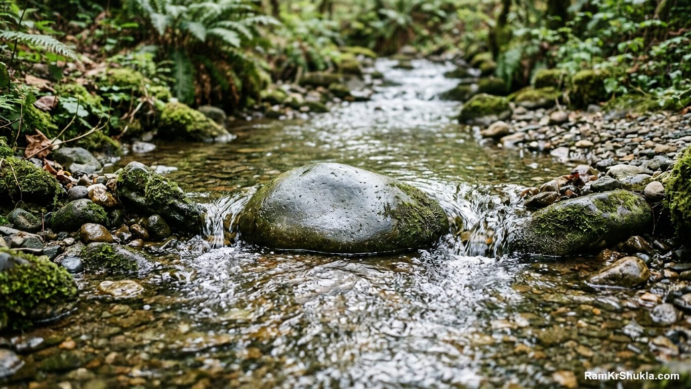 A stream splitting around a rock into weak channels then rejoining into one strong flow, split versus consolidated ranking signal