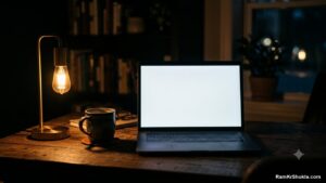 A laptop with a blank screen in a dim home office, a website missing from Google