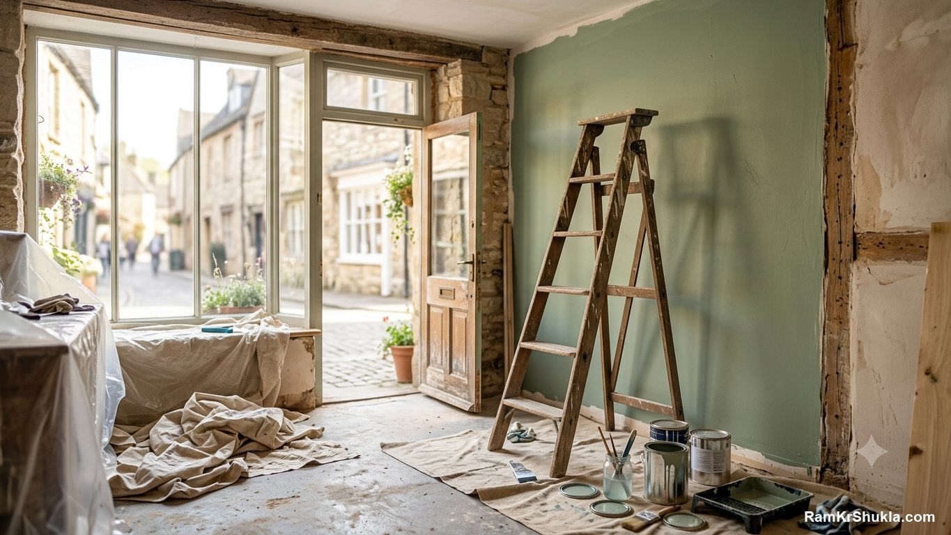 A shop interior mid-renovation with ladder and paint, a website rebuild in progress