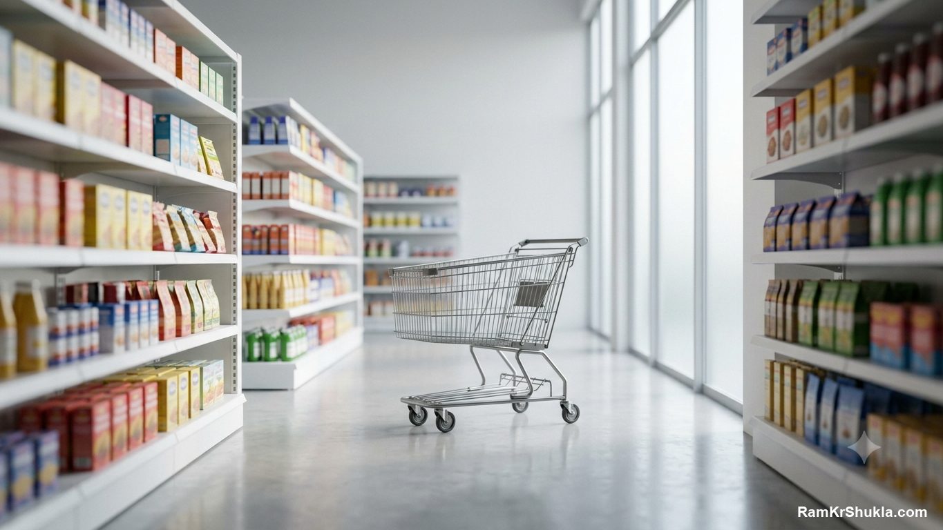 An abandoned shopping cart in a bright store aisle, traffic that does not buy